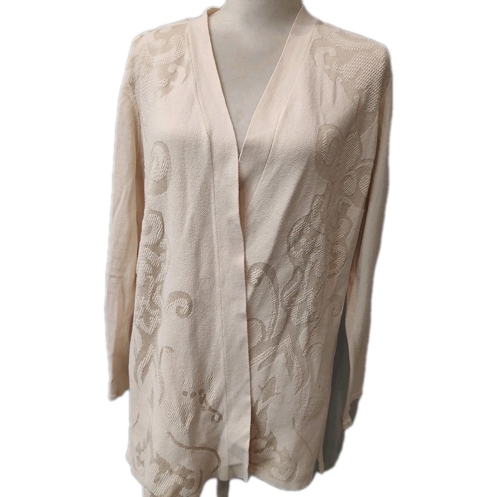 Dana Buchman Cardigan Sweater Women's XL Beige Tan Jacquard Open Long Sleeve